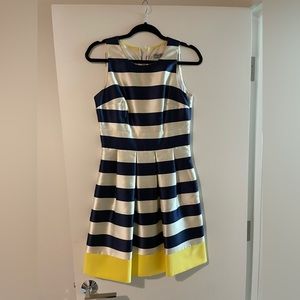 Eliza J navy and yellow striped pleated dress